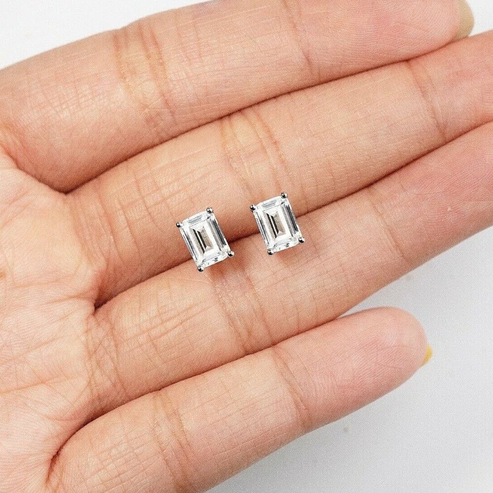 2 Ct Emerald Cut VVS1/D Lab Created Stud Earrings 14k White Gold 7mm Push Back